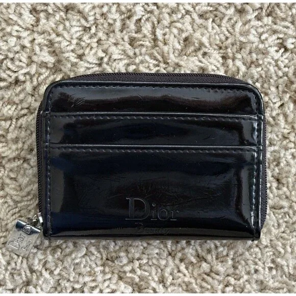 DIOR Beauty Black Patent Leather Zip Around Credit Card Holder Small Wallet - Picture 1 of 8